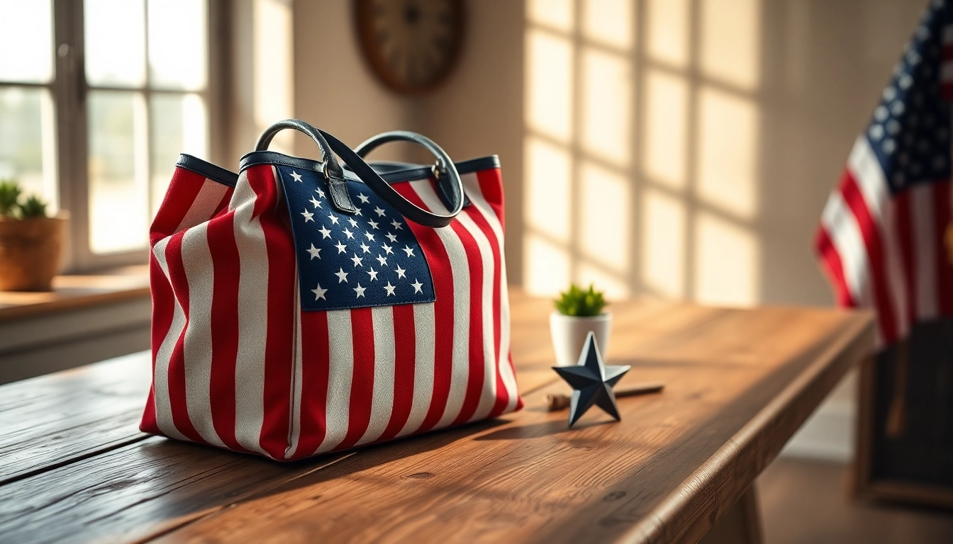 Showcase a united states bag with American flag design on a rustic wooden table.