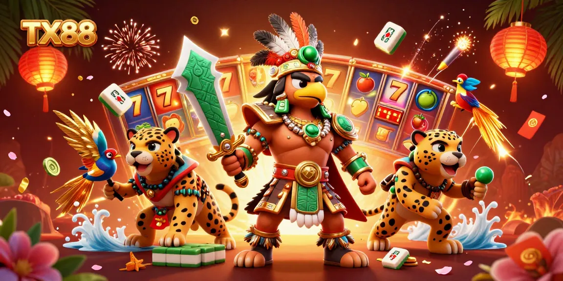 Experience excitement with TX88 as Aztec warriors and symbols of luck soar in a dynamic casino scene.