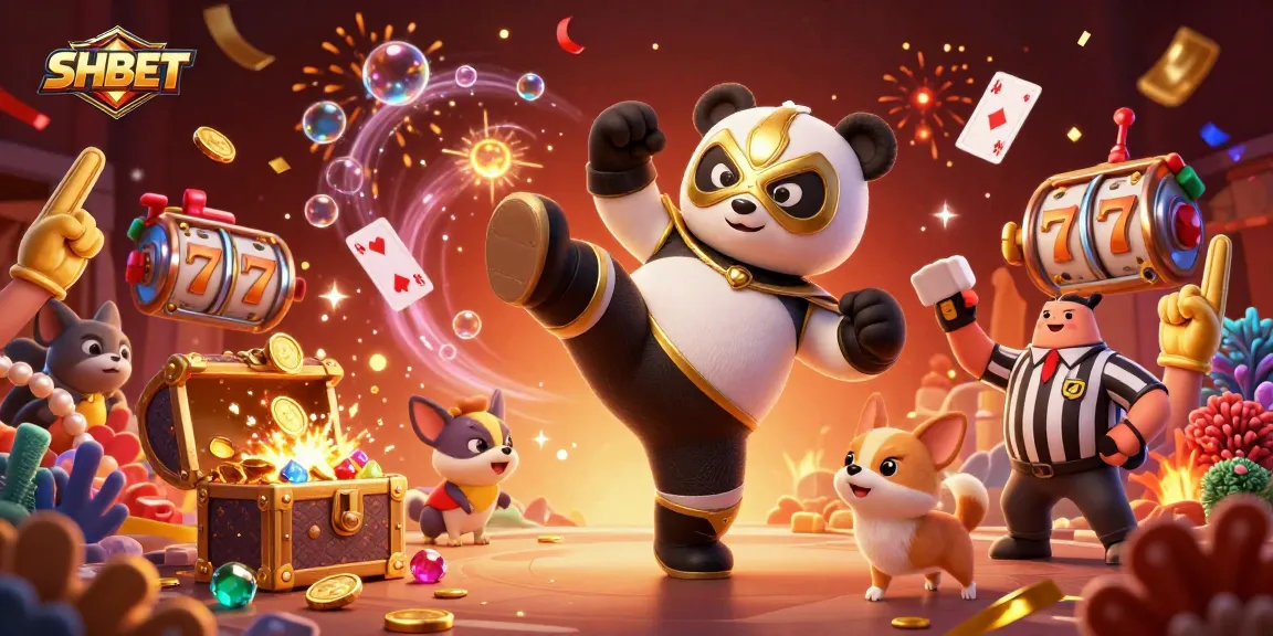 SHBET showcases excitement with a flying panda wrestler and slot game themes in a colorful casino scene.