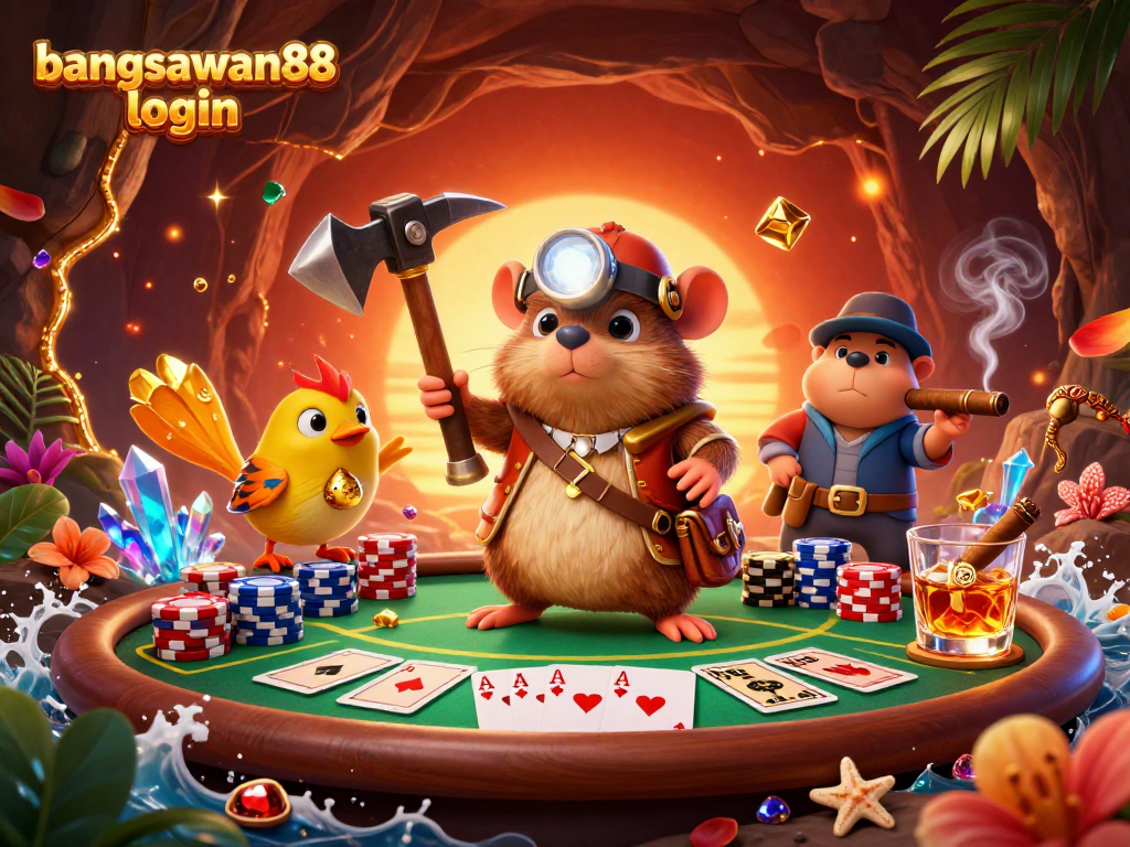 Experience the excitement of bangsawan88 login with a vibrant scene of characters engaging in poker excitement.