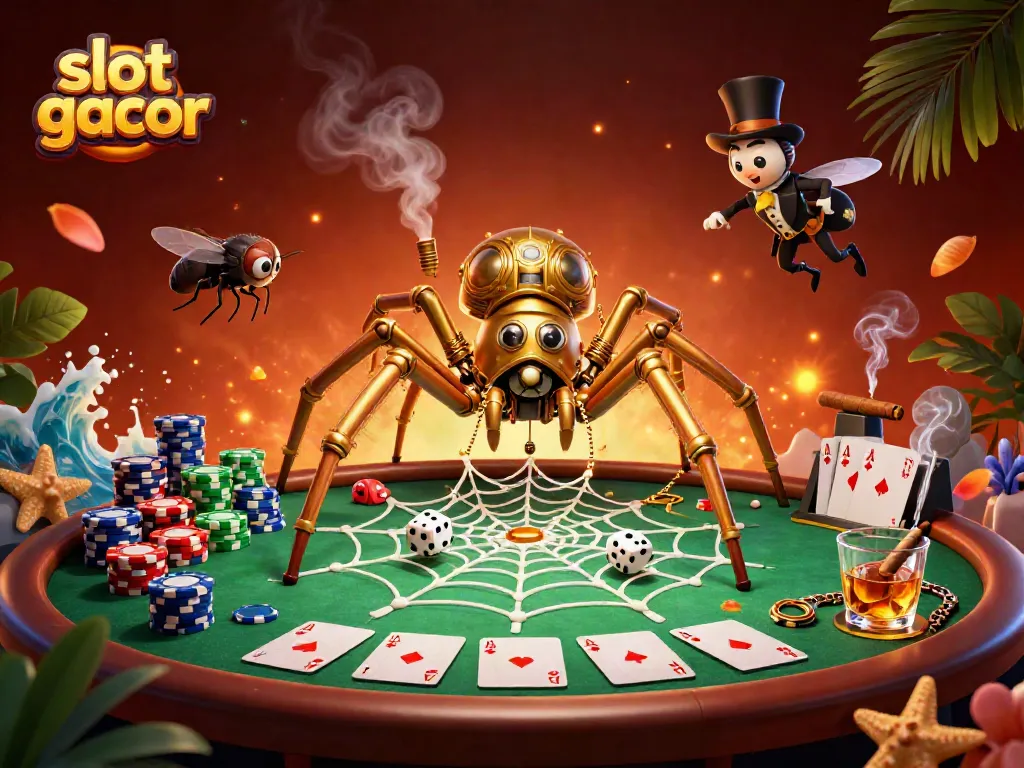 Experience the thrill of slot gacor with a vibrant 3D illustration featuring a spider and dice in a casino setting.