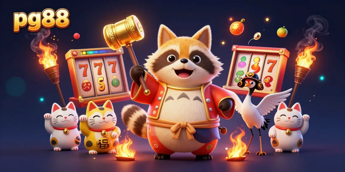 Engage with pg88 as a cheerful tanuki and crane celebrate winning in a vibrant online casino scene.