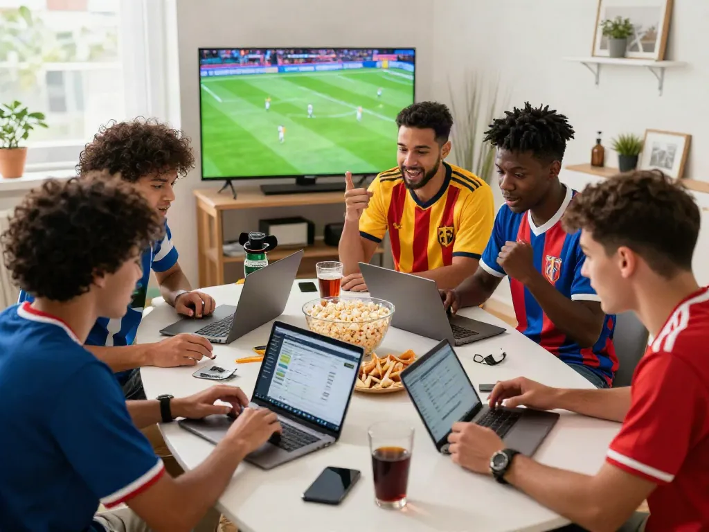 Excited friends analyzing match stats while enjoying WWBOLA sports betting.