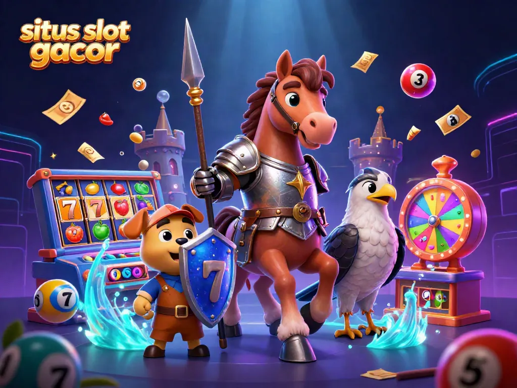 Engage with situs slot gacor in this vibrant 3D illustration featuring a knight, a puppy, and a falcon.