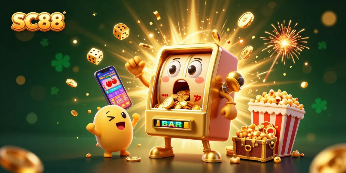 SC88 slot machine hits jackpot as coins flood out, cheered on by baby slots in a vibrant casino setting.