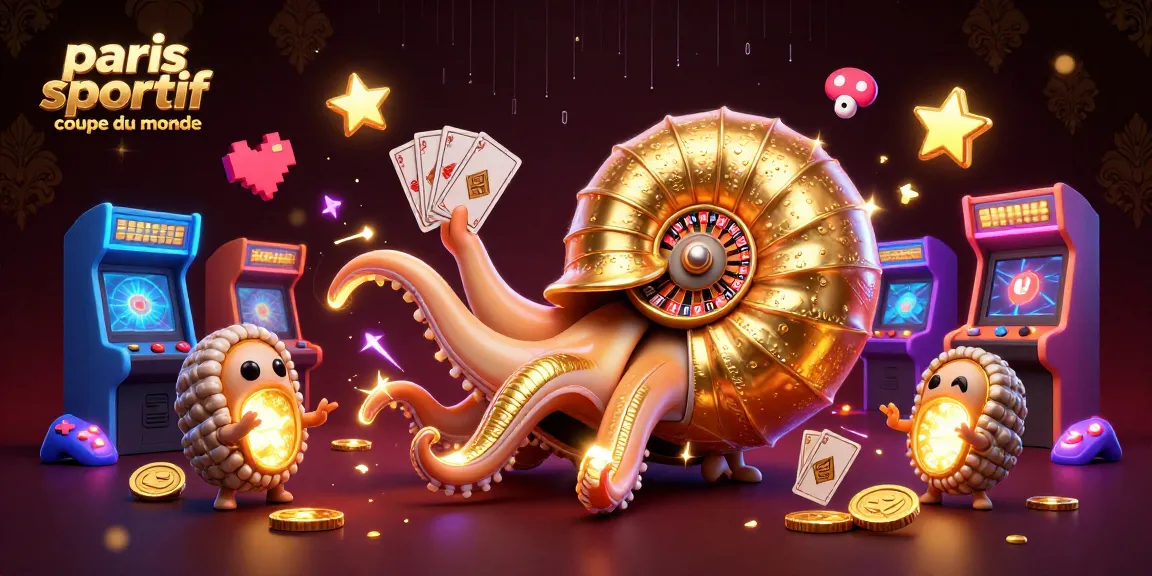 Pariez sur la coupe du monde avec cette illustration dynamique de paris sportifs coupe du monde montrant un nautilus géant et des jeux colorés.