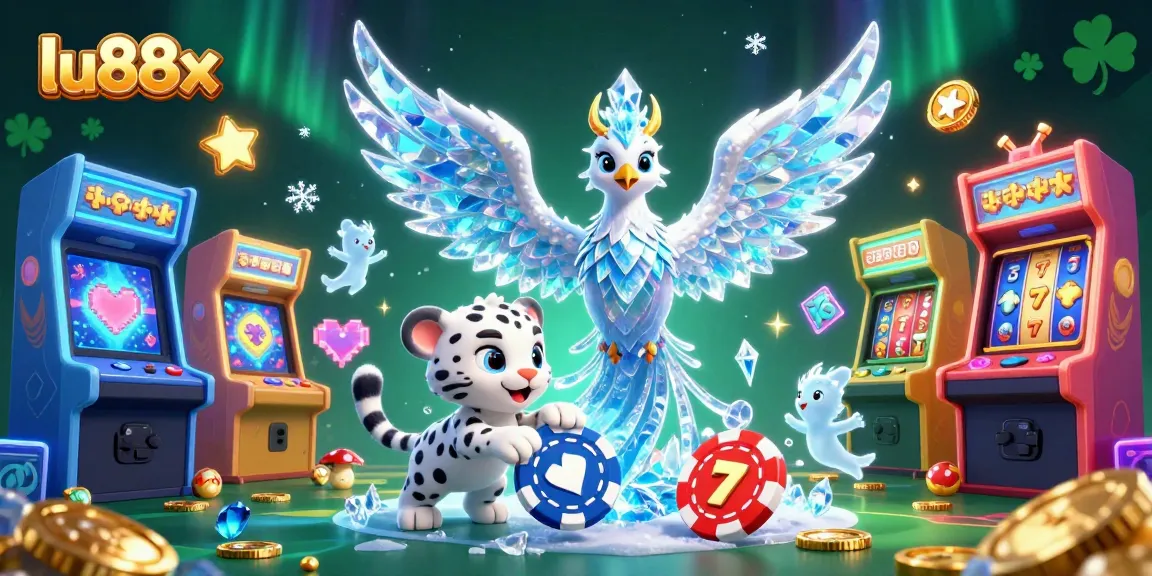 Experience exciting gaming with lu88x's vibrant 3D illustration featuring an ice phoenix amidst casino-themed elements.
