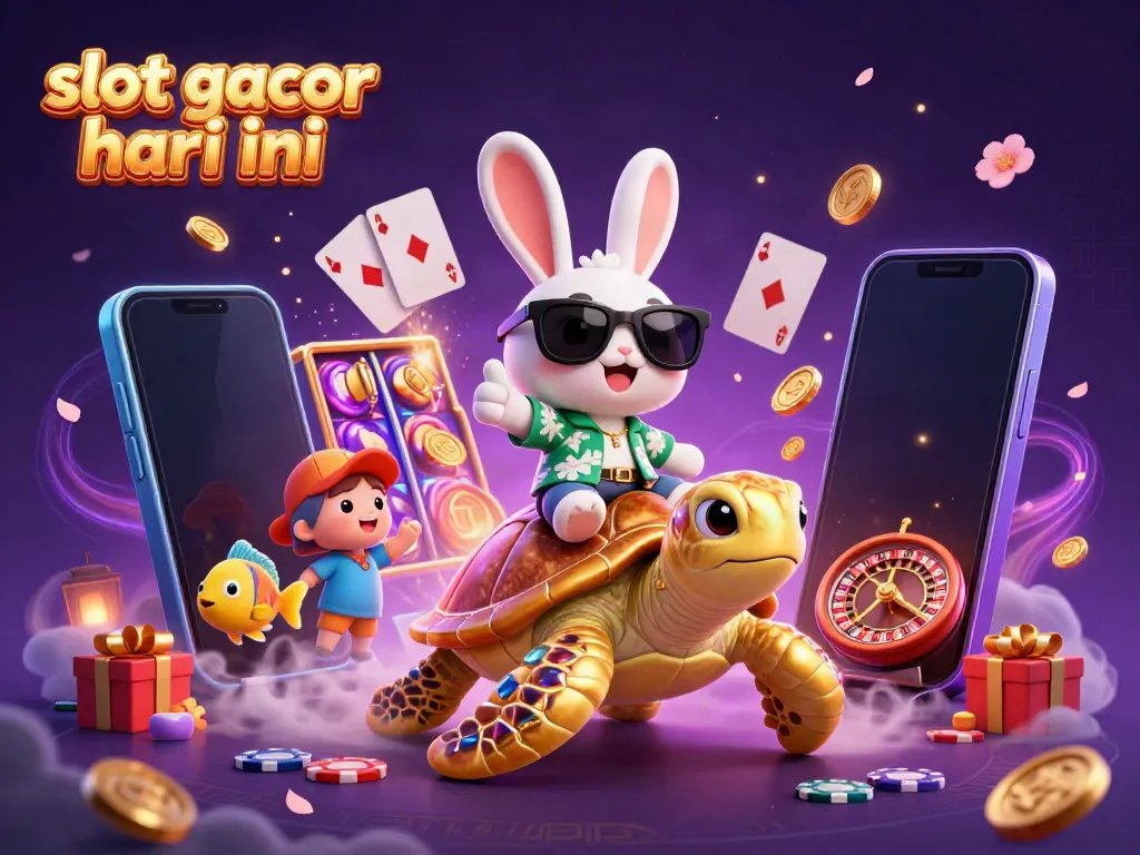 Experience excitement with slot gacor hari ini as a lucky rabbit rides a gem turtle in a vibrant casino scene.