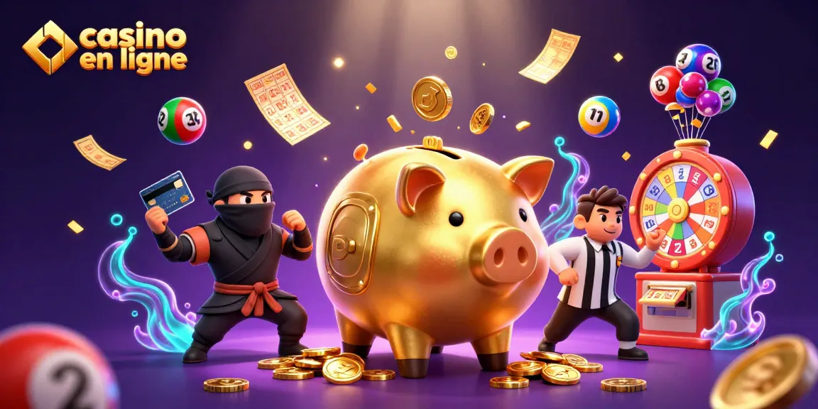 Illustration dynamique avec une tirelire sumo en or, dans un casino en ligne, entourée de boules de loterie colorées.