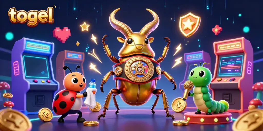Engaging togel illustration depicting a golden stag beetle boxing champion, ladybug corner-man, and caterpillar announcer.