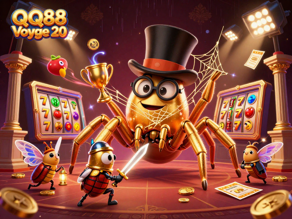 Engage with QQ88 Voyage 20's thrilling slot games alongside a dynamic 3D scene packed with gold and excitement.