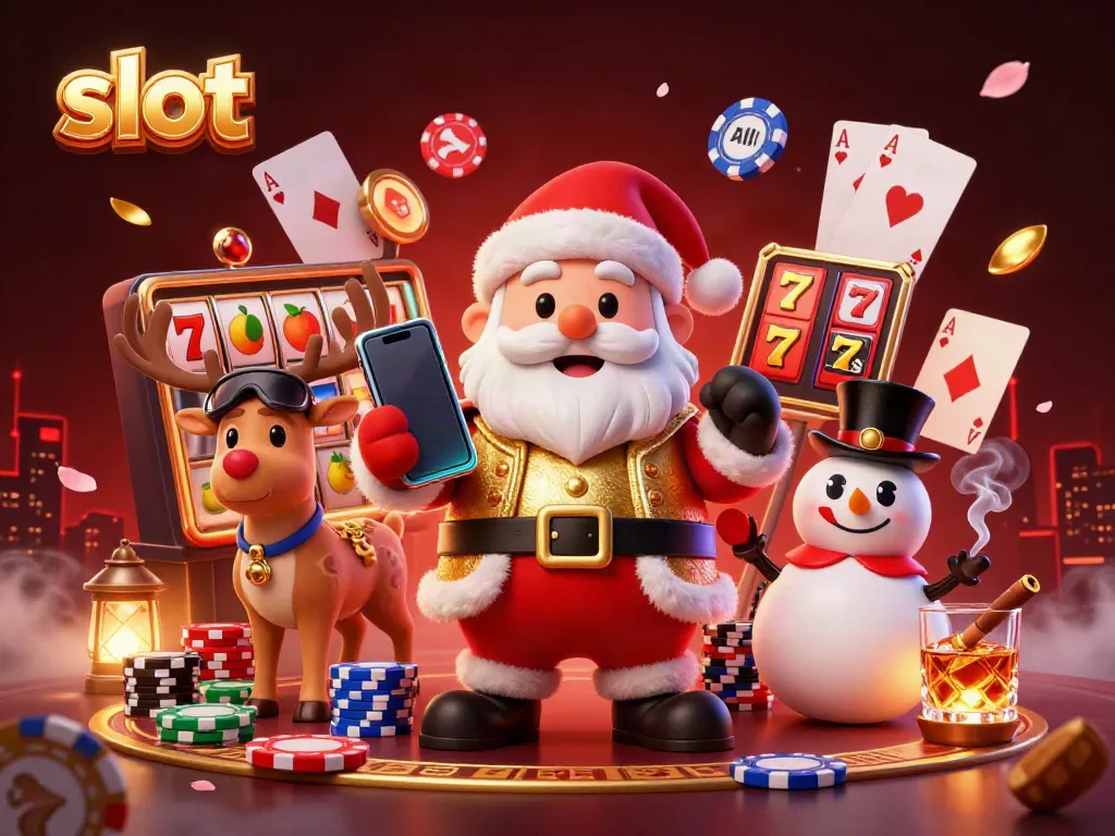 Engaging slot-themed illustration featuring Santa, reindeer, and snowman in a casino