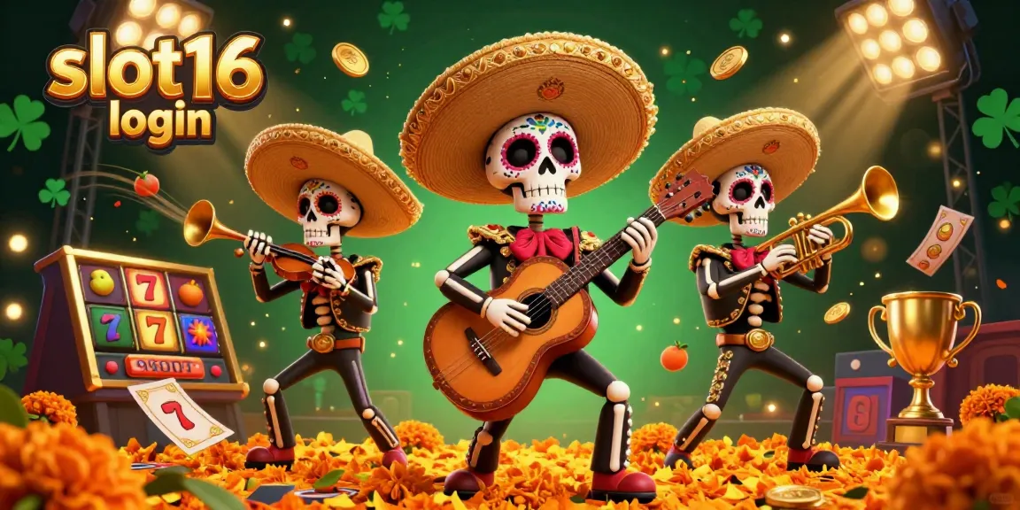 Experience the vibrant action of slot16 login with vivid mariachi skeletons and playful slot motifs.