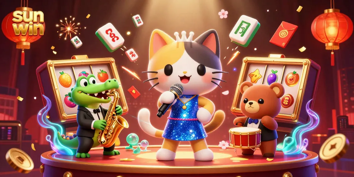 Experience excitement with sun win in this vibrant 3D casino scene featuring dynamic characters and slot elements.