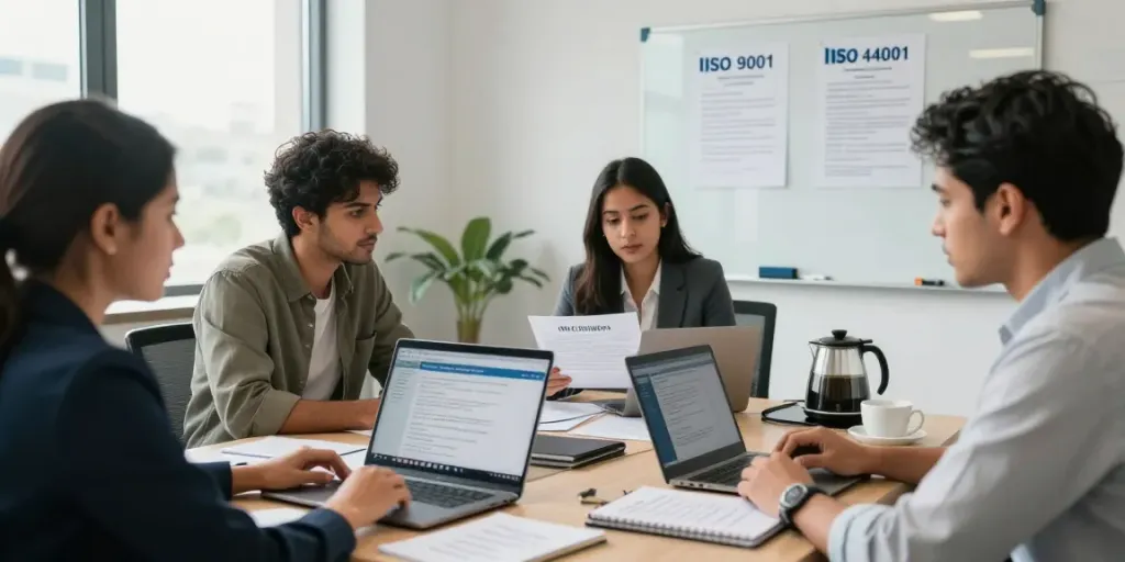 ISO Certification in Pakistan team review session in modern office setting.