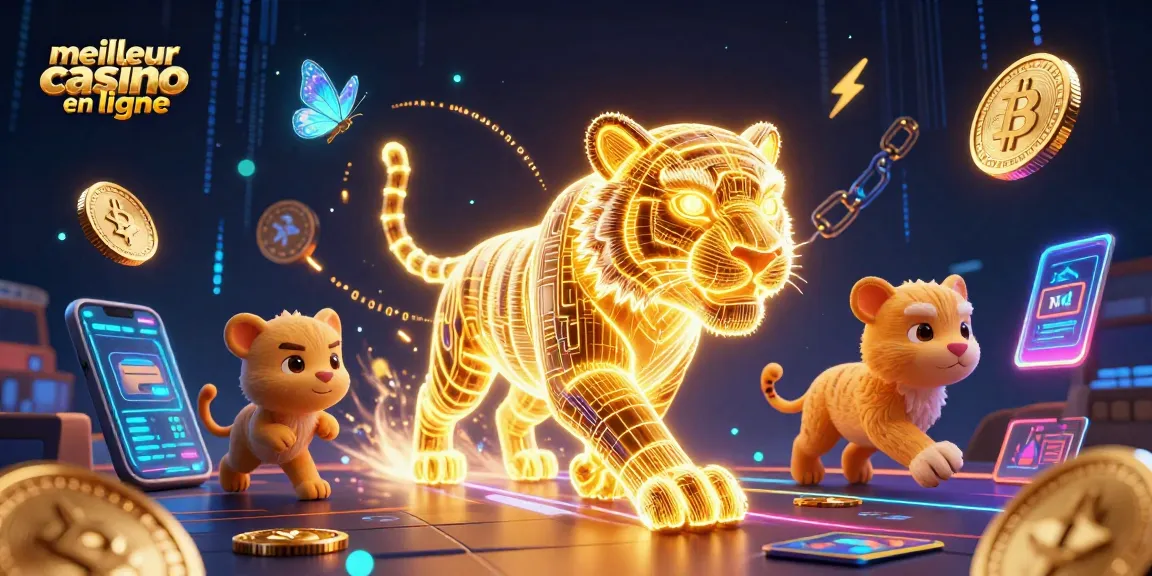 Découvrez le meilleur casino en ligne avec un tigre d'énergie et des hologrammes dans un paysage numérique de casino.