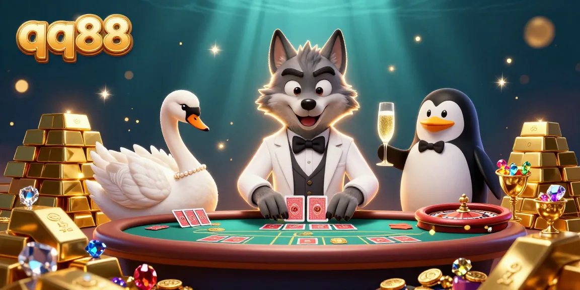 Experience thrilling baccarat at qq88 with a debonair wolf, elegant swan, and sophisticated penguin surrounded by treasures.