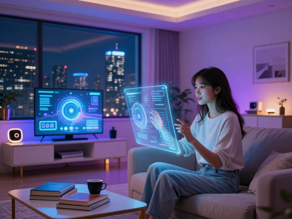 AI girlfriend interacting with a user in a modern living space, showcasing futuristic technology and ambiance.