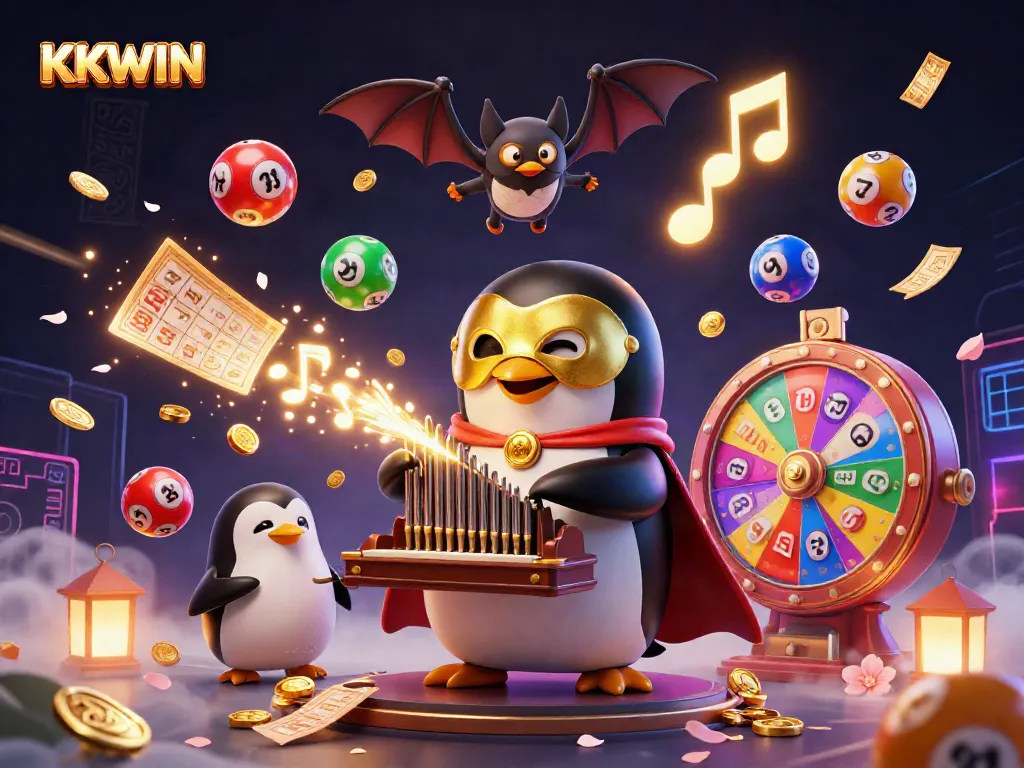 KKWIN thrills with a vibrant casino scene featuring dynamic lottery action and festive characters.