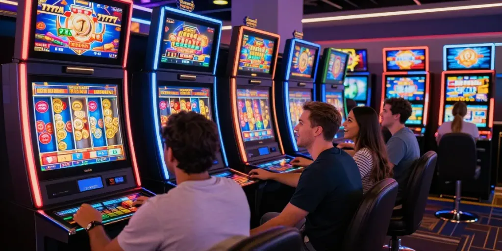 Excited players engaging with a slot777 machine in a colorful casino.
