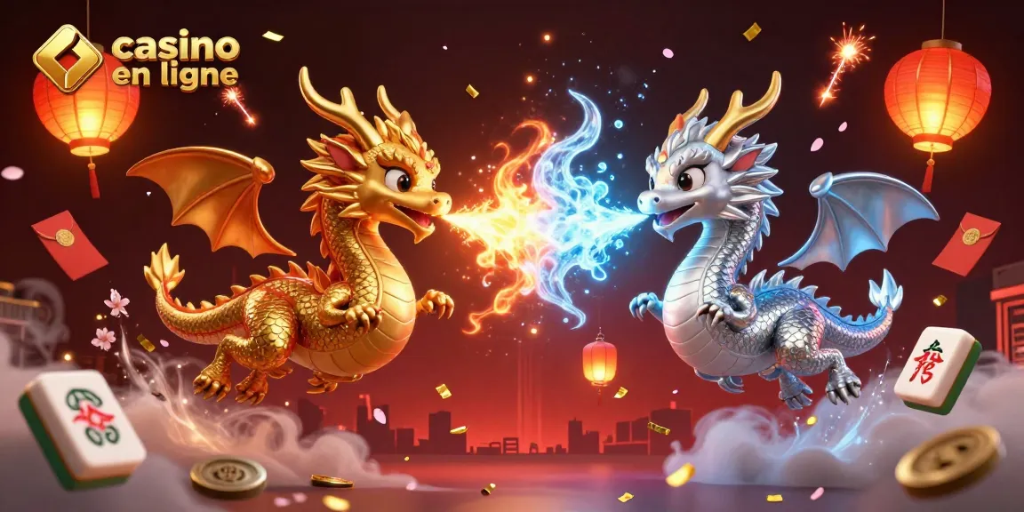 Aperçu d'un dragon en or et d'un dragon en argent incarnant l'esprit du casino en ligne avec des éléments de jeu flamboyants