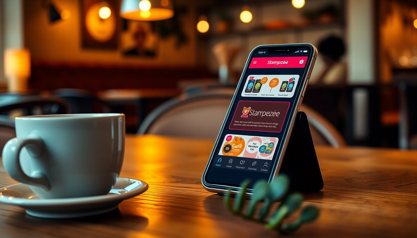 Engaging stampezee loyalty rewards app interface displayed on a smartphone in a cozy cafe setting.