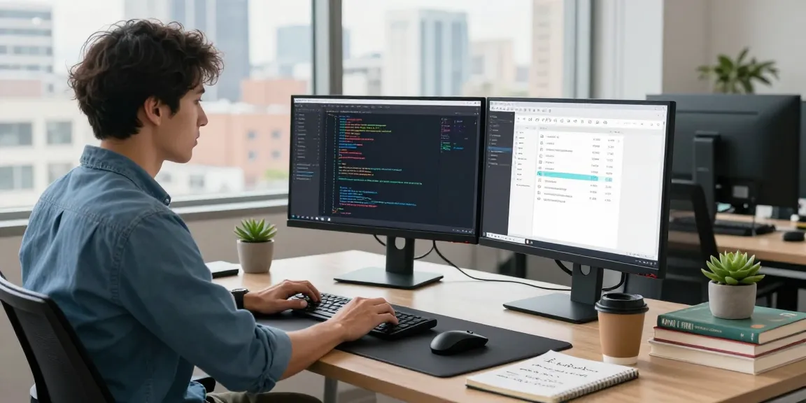 Modern software developer workspace featuring the keyword 456bd with dual monitors, coffee, and city view background.