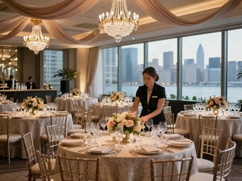 Event rentals setup with elegant tables, floral decor, and city skyline backdrop.