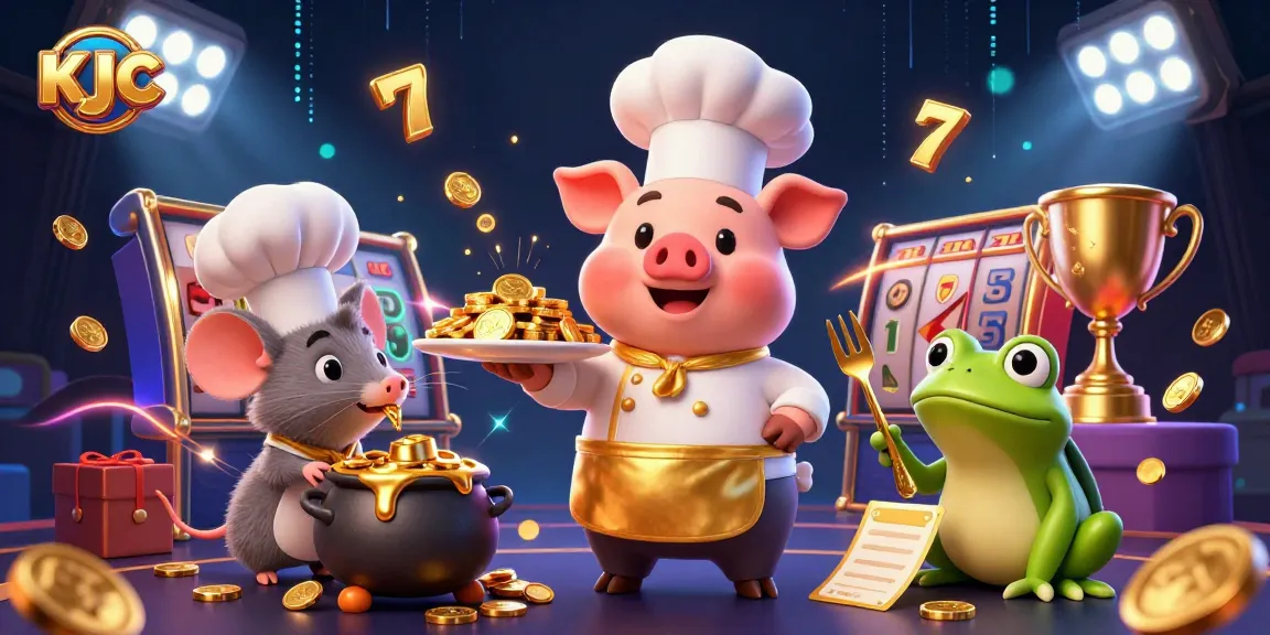 KJC promotes thrilling slot gaming with a gourmet pig chef, showcasing gold coins and excitement.