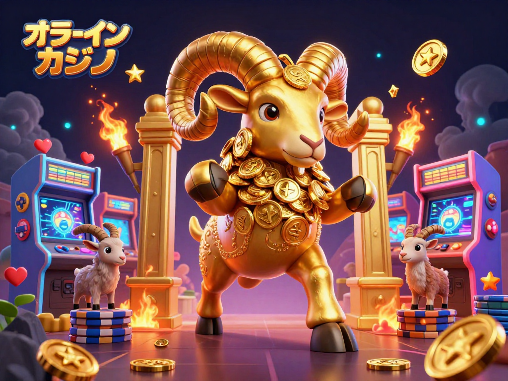 オンラインカジノのゲームで勝利を狙う金色の羊と壮大な背景が描かれた3Dアート