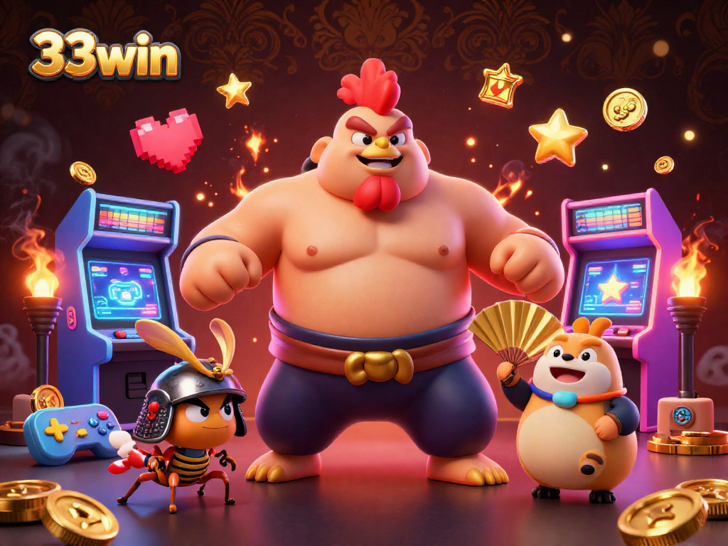 33win showcases a dynamic 3D scene with powerful sumo rooster, fierce samurai cricket, and tanuki announcer.