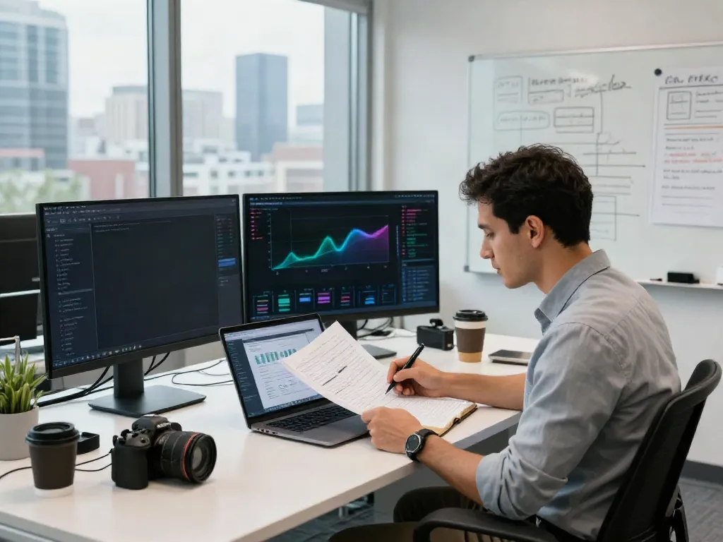 Michael Rustom consulting in a modern tech office, analyzing project data.