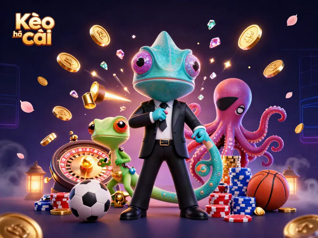 Engaging illustration showcasing Kèo nhà cái with a vibrant casino scene featuring a chameleon agent, gecko gadgets, and an octopus amidst cascading coins and roulette.