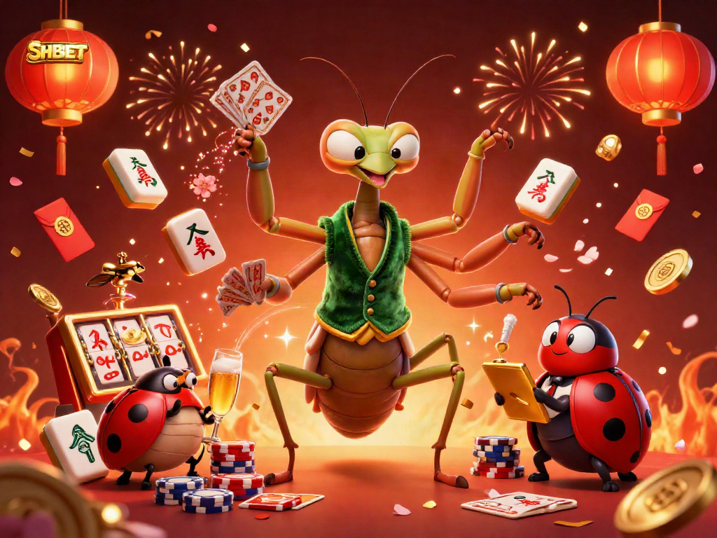 Engage with SHBET's dynamic casino scene featuring a smart insect dealer amidst joyous gambling festivities.