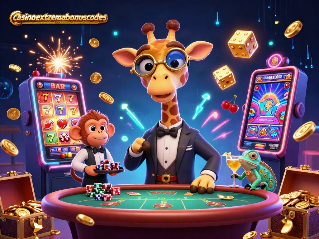 Experience thrilling action with casinoextremebonuscodes as the giraffe, monkey, and chameleon enliven this vibrant casino scene.