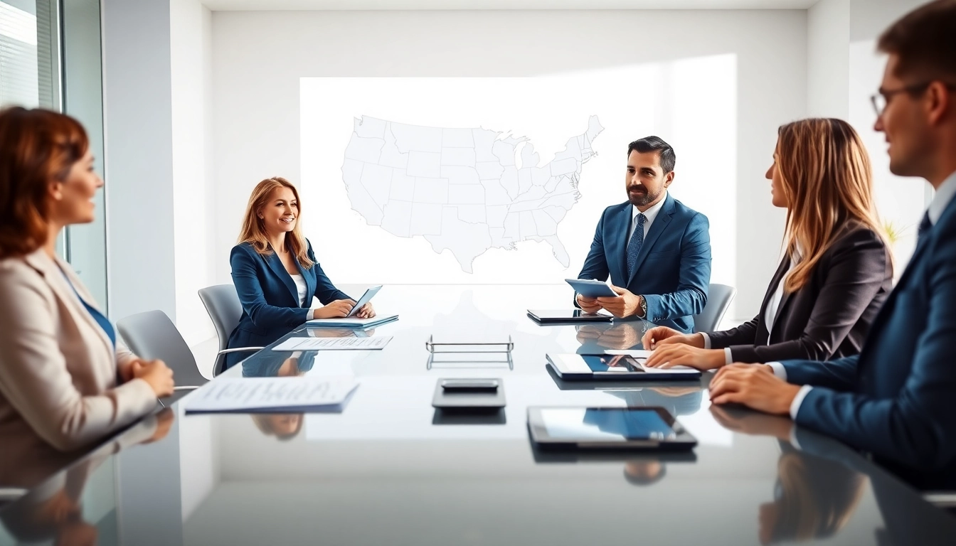 Engaged professionals discussing Multi-state title and escrow services in a modern office.