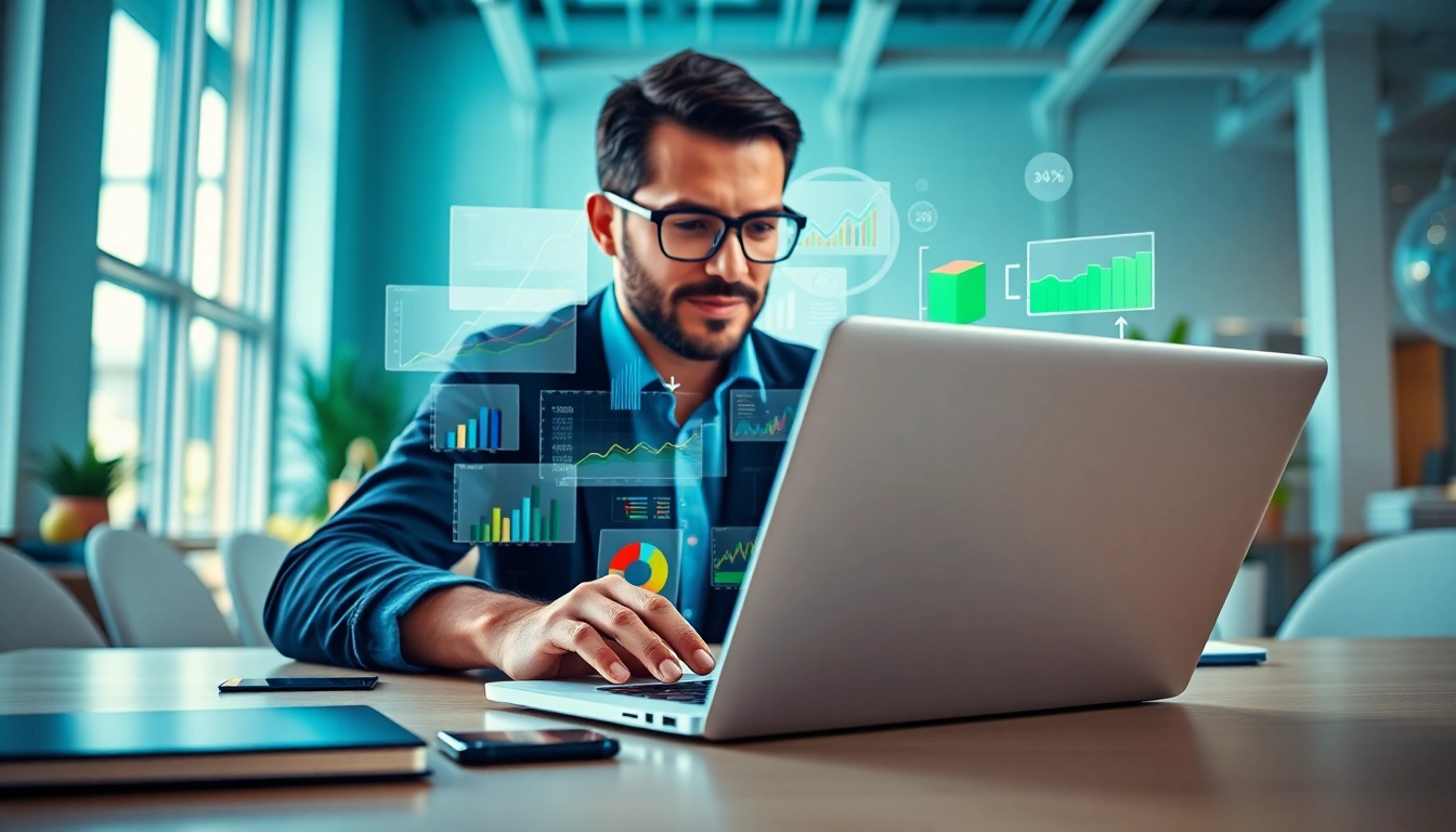 Showcasing Digital Media Services through a focused marketing strategist in a modern office.