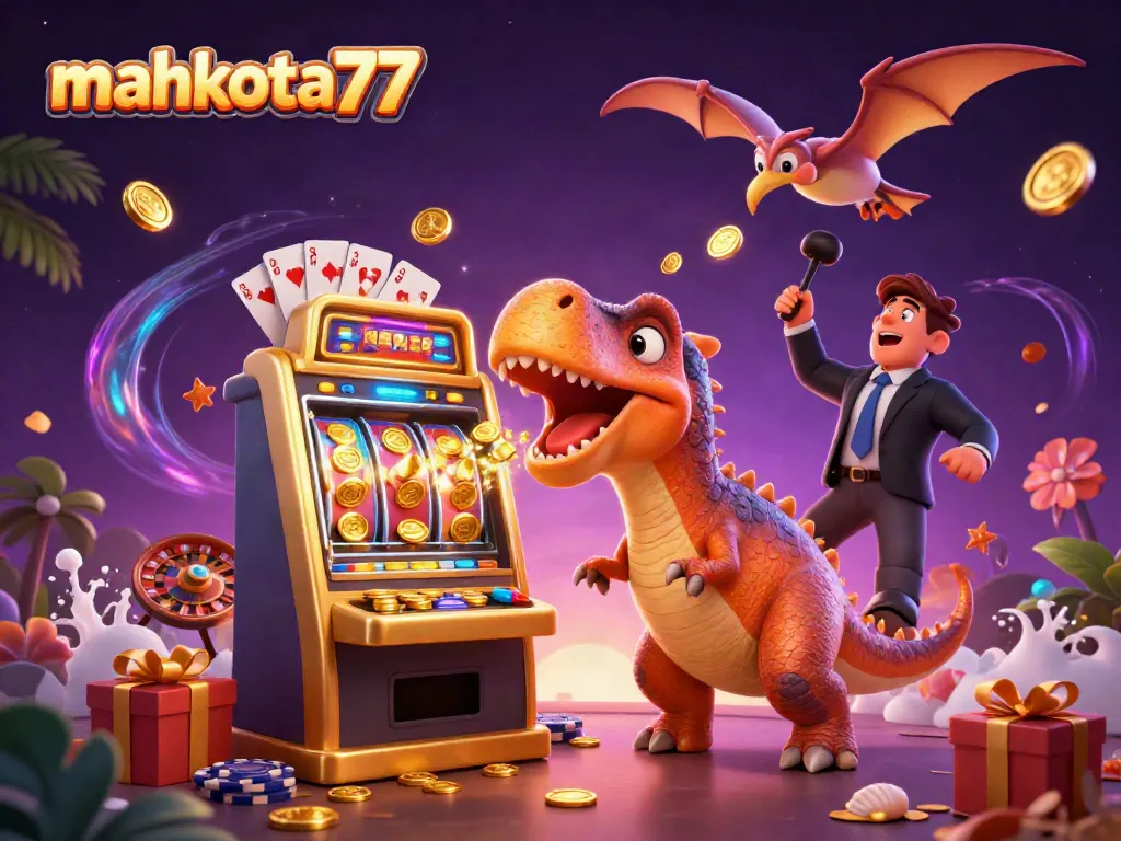 MAHKOTA77 menunjukkan keberhasilan pemain yang mendapatkan jackpot dari mesin slot dalam ilustrasi digital penuh warna.