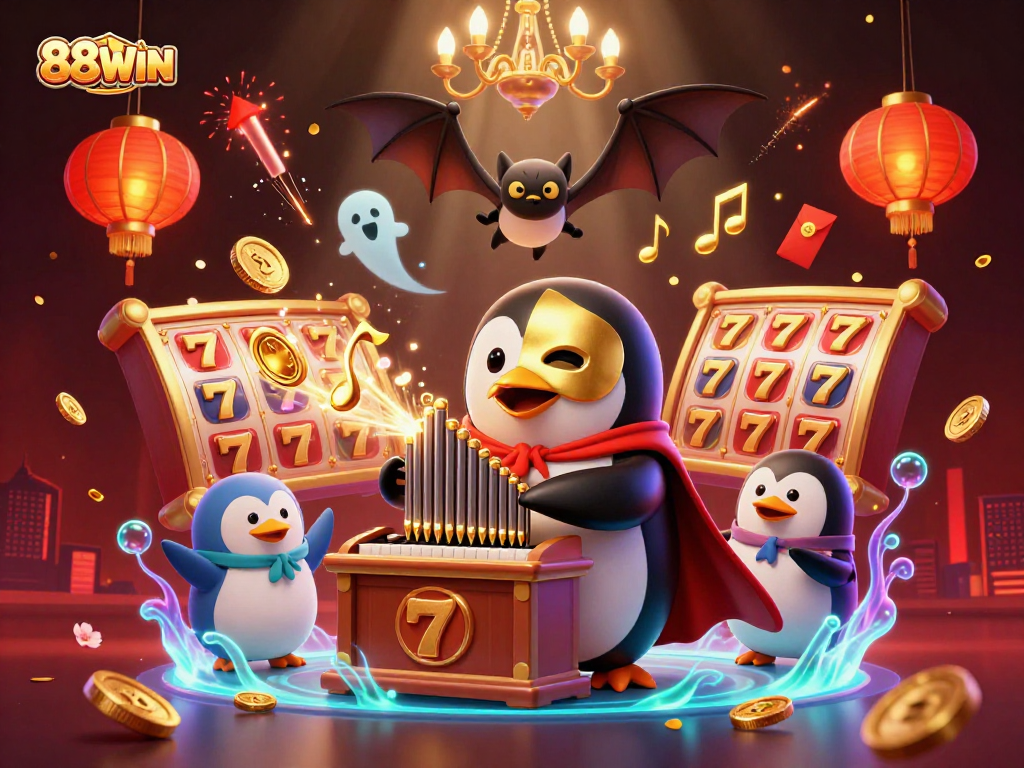 Experience the excitement of the 88WIN casino with a vibrant 3D illustration of a unique penguin playing an organ for jackpots.