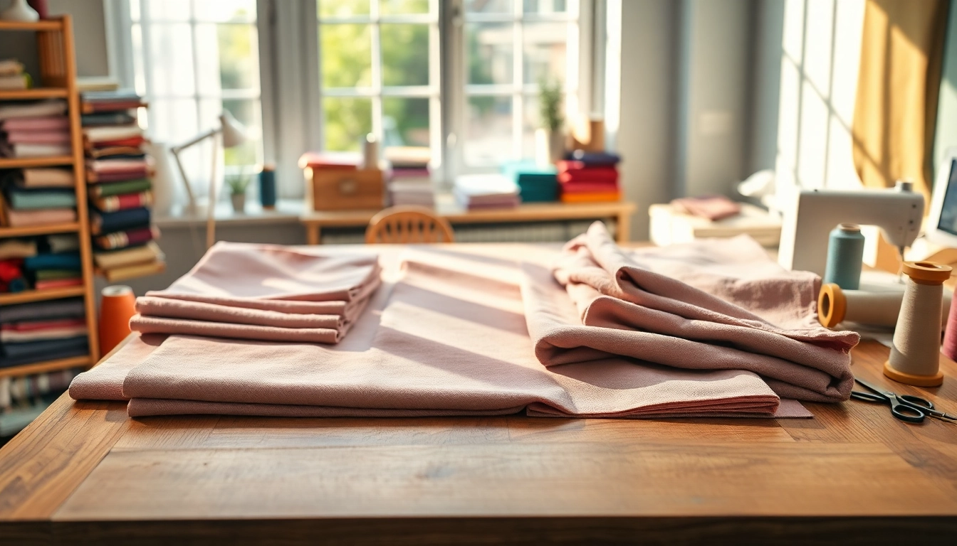 Kreukvrije stoffen displayed elegantly on a wooden table in a bright workshop.