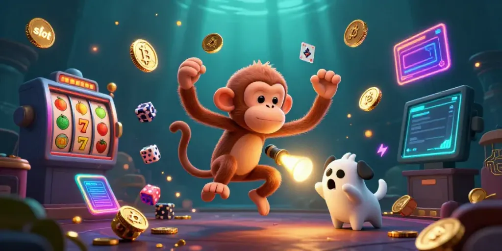 Slot menggoda pemain dengan mesin slot, koin emas, dan makhluk lucu dalam suasana kasino.