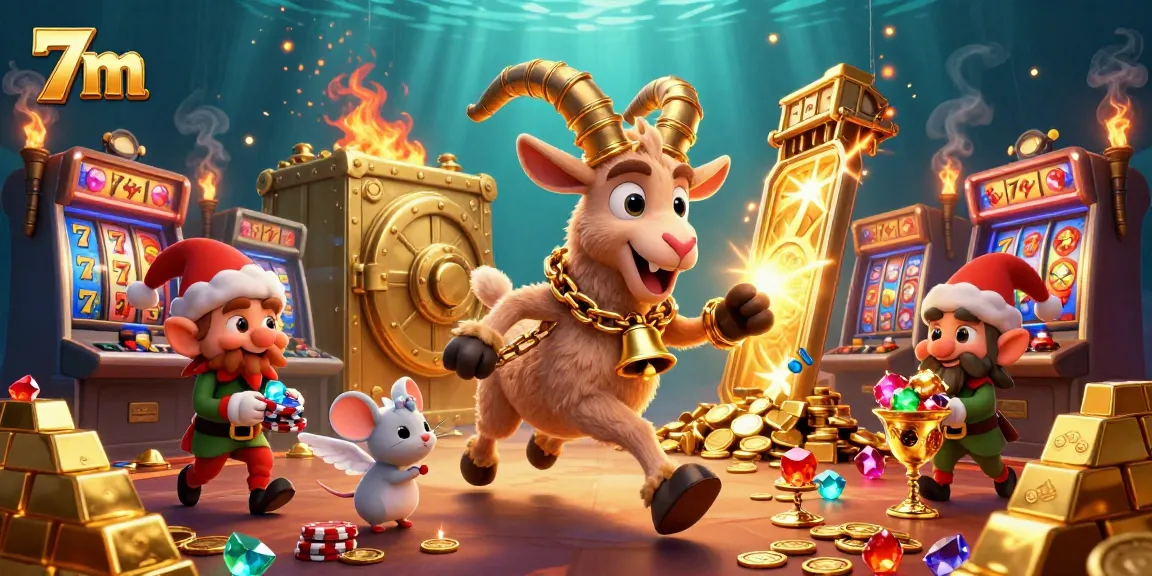 Experience thrilling action with 7m at this vibrant casino scene featuring cartoon characters and slot machines.