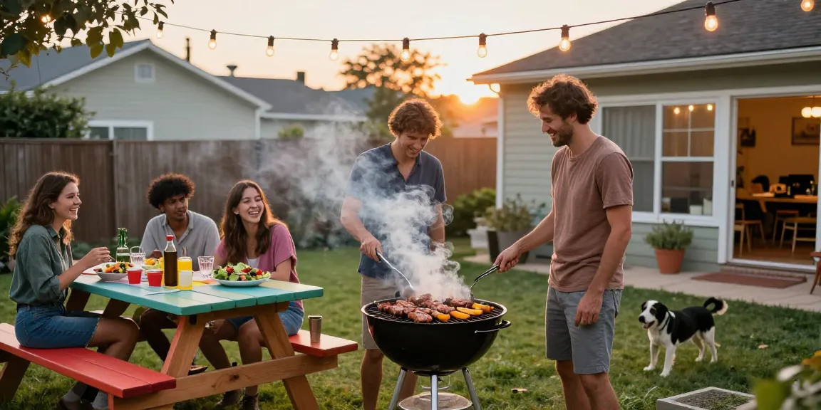 Suasana BBQ di halaman belakang dengan teman-teman, memasak dan bersenang-senang, merayakan BOS88.