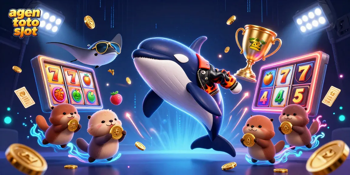 Engage with agen toto slot in this dynamic 3D scene featuring a whiskey-loving orca and otters with coins.