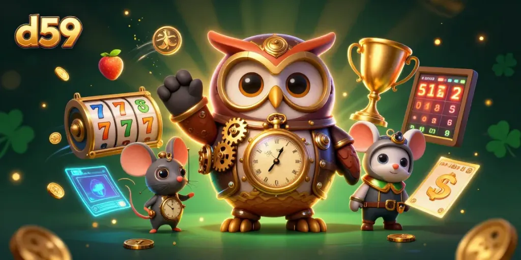 Experience thrilling gameplay with d59 as slot reels and golden coins dynamically sparkle around characters.