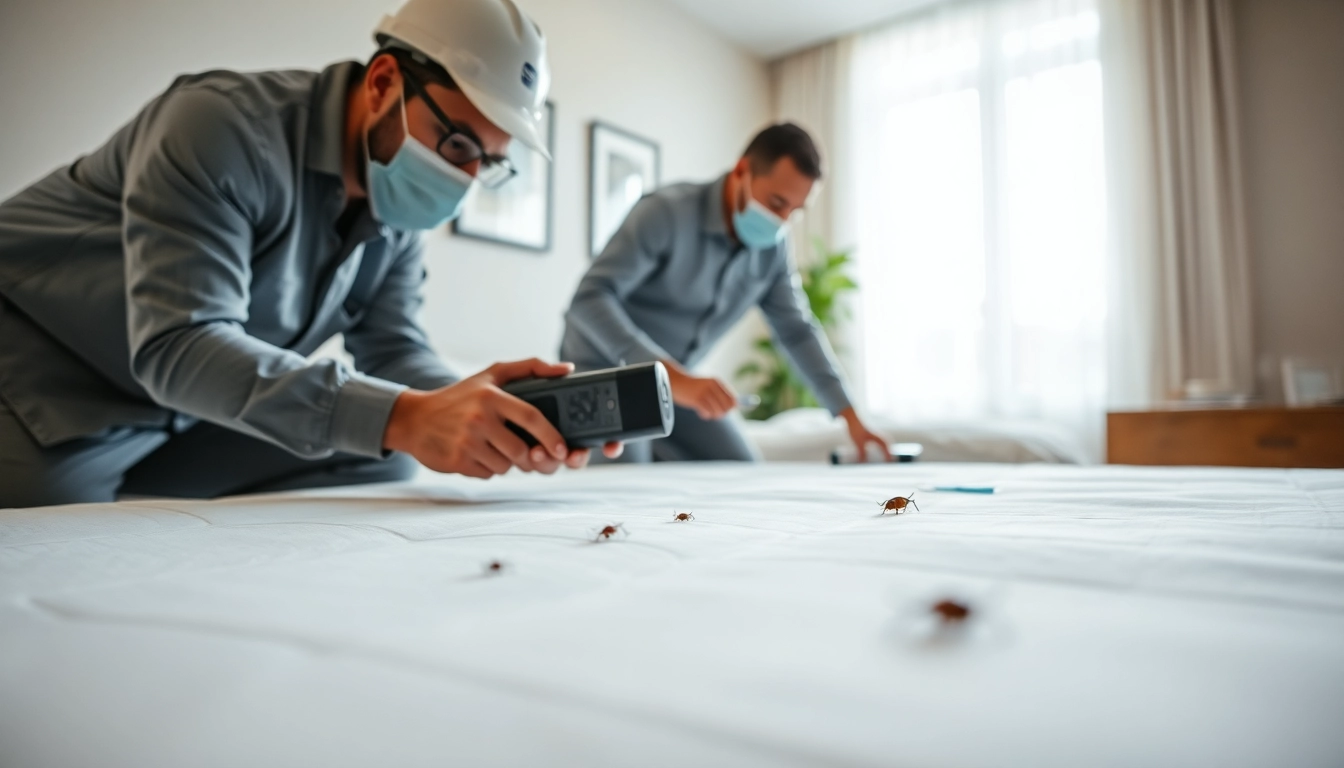 Expert bed bug exterminators inspecting a bedroom for effective pest control.