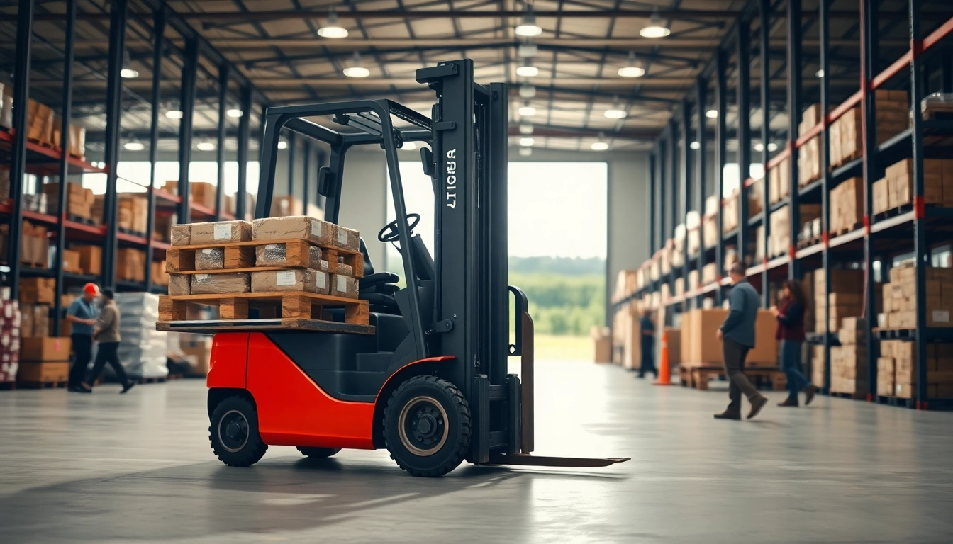 Forklift lifting a pallet in a busy warehouse environment.