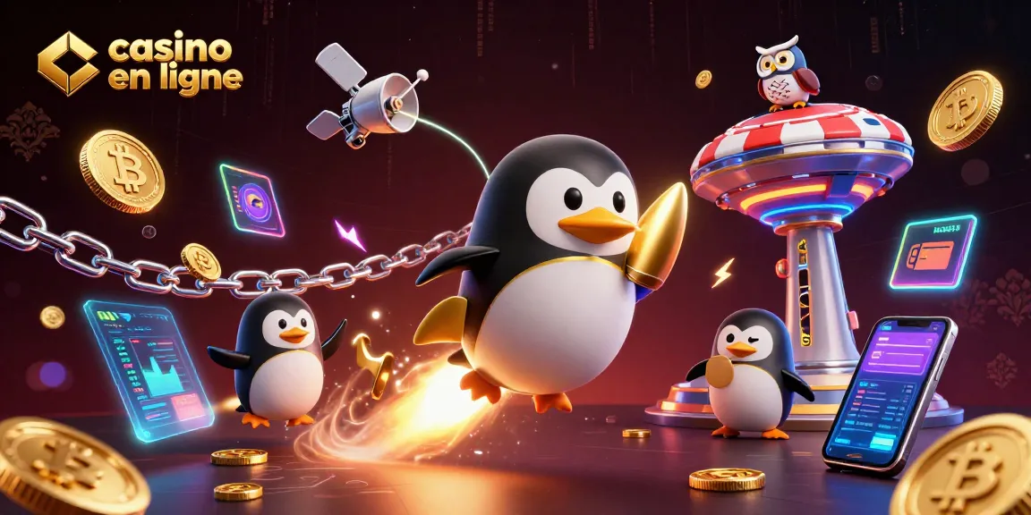 Gagnez sur un casino en ligne grâce à une illustration captivante d'un pingouin doré propulsé dans l'espace.