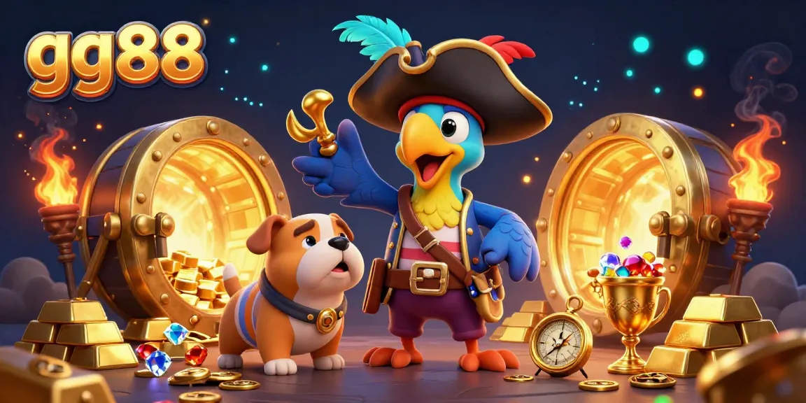 Engage in thrilling adventures with gg88 at this vibrant 3D pirate-themed casino scene.