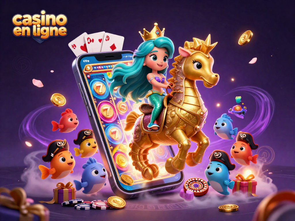 Jouez au casino en ligne avec cette illustration animée de la princesse sirène et son hippocampe.
